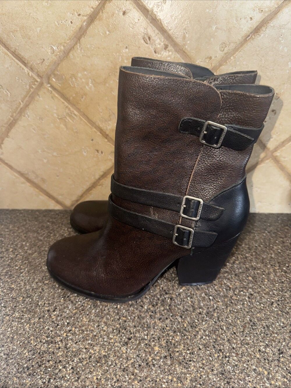 Kork-Ease Anki Ankle Boots Womens Size 8 Campari Brown Black Leather Zip Buckle